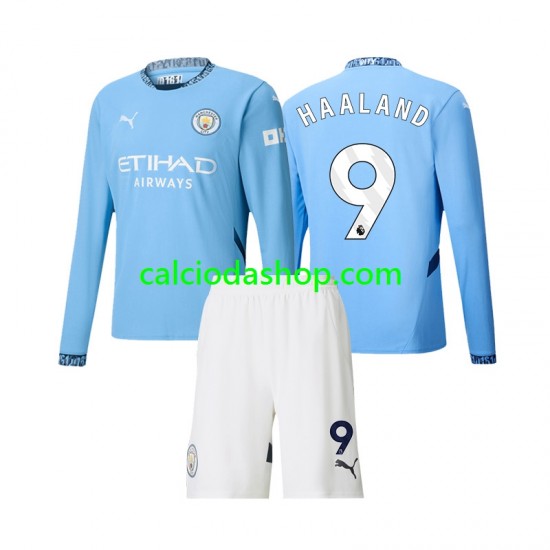 Maglia Manchester City Erling Haaland 9 Gara Home Completo Bambino 2-13 Anni 2024-2025 ML