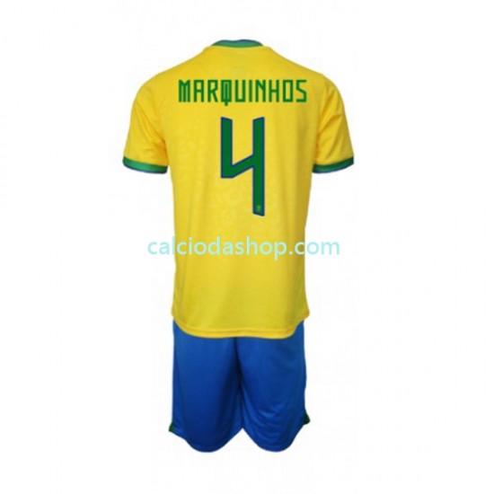 Maglia Brasile Marquinhos 4 Gara Home Completo Bambino 2-13 Anni Mondiali 2022 MC