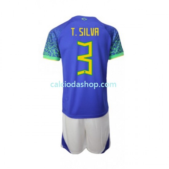 Maglia Brasile Thiago Silva 3 Gara Away Completo Bambino 2-13 Anni Mondiali 2022 MC